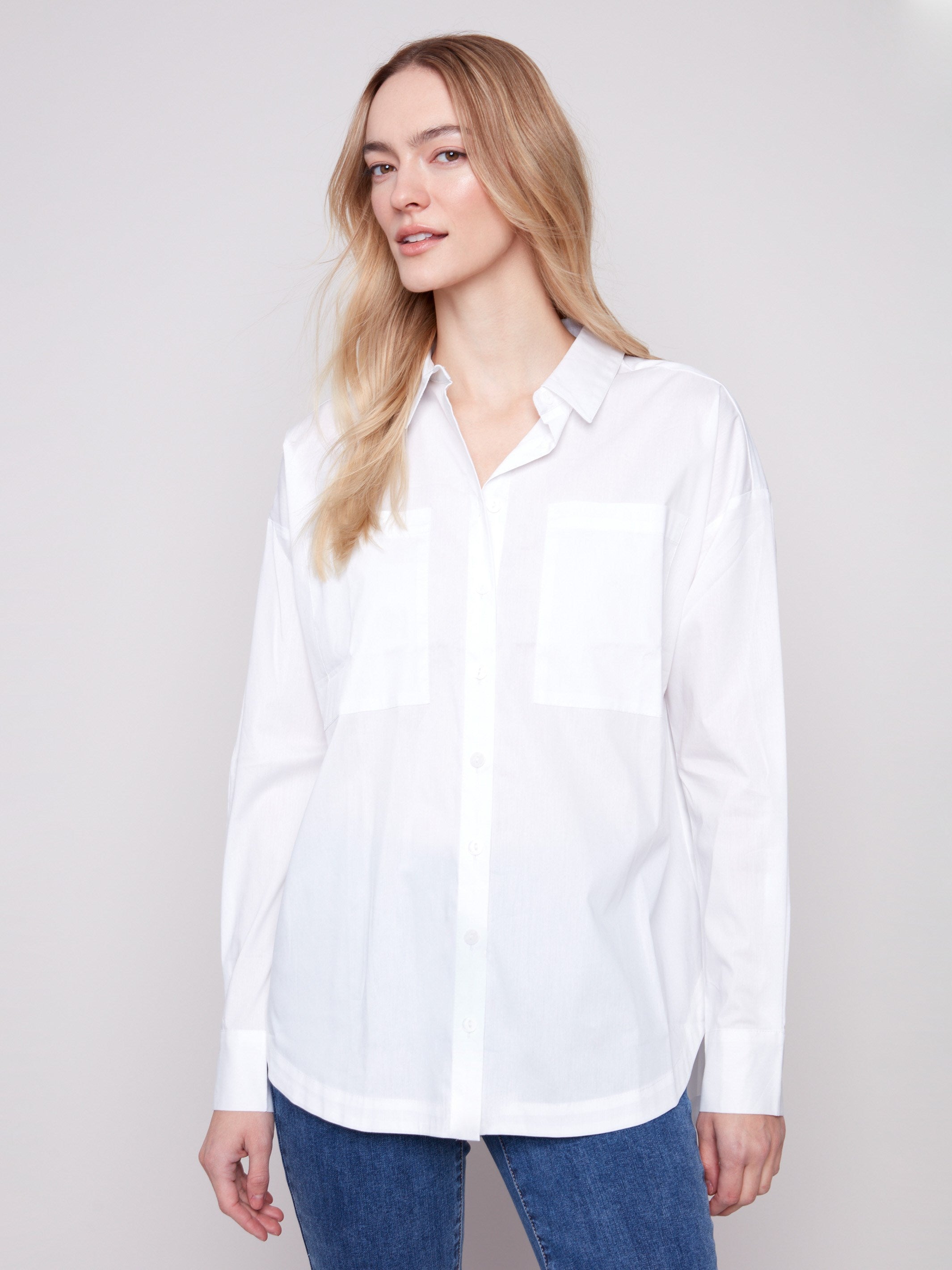 White poplin shirt featuring a loose fit, complete with button cuffs for a versatile style by Charlie B.