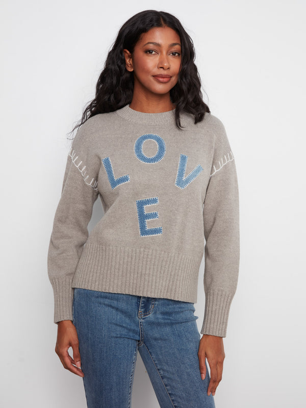 Love Denim Patch Sweater - Heather Grey