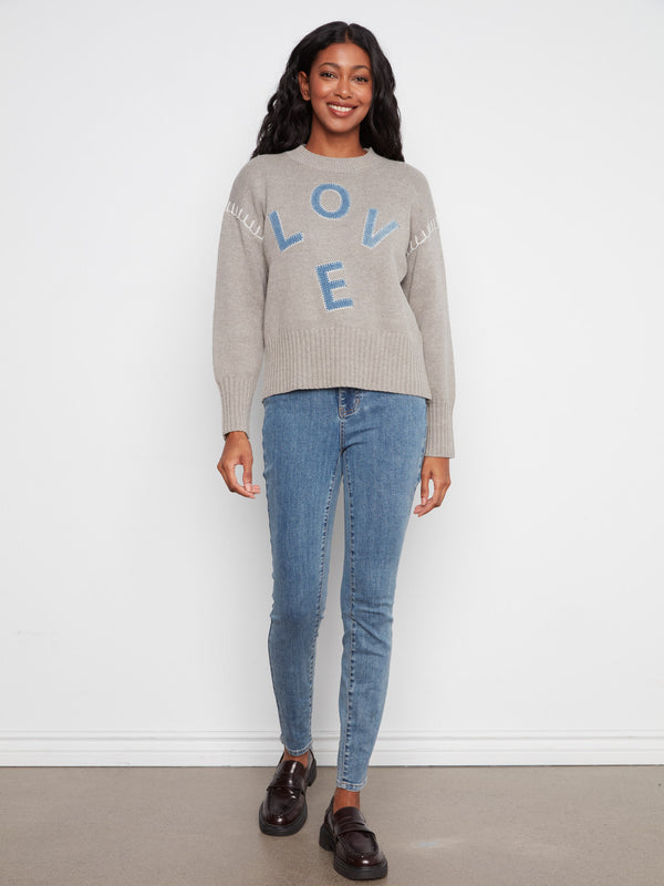 Love Denim Patch Sweater - Heather Grey