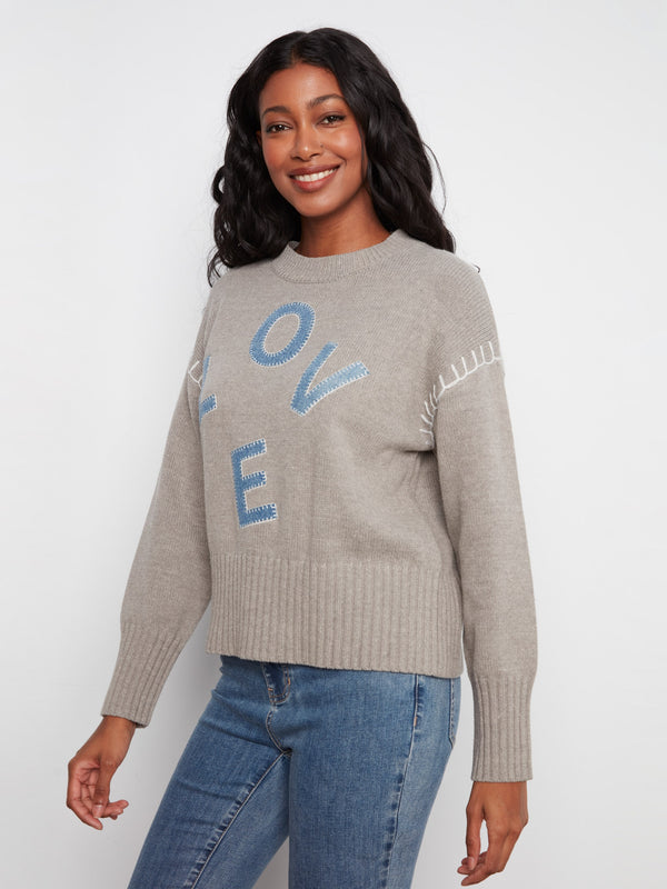 Love Denim Patch Sweater - Heather Grey