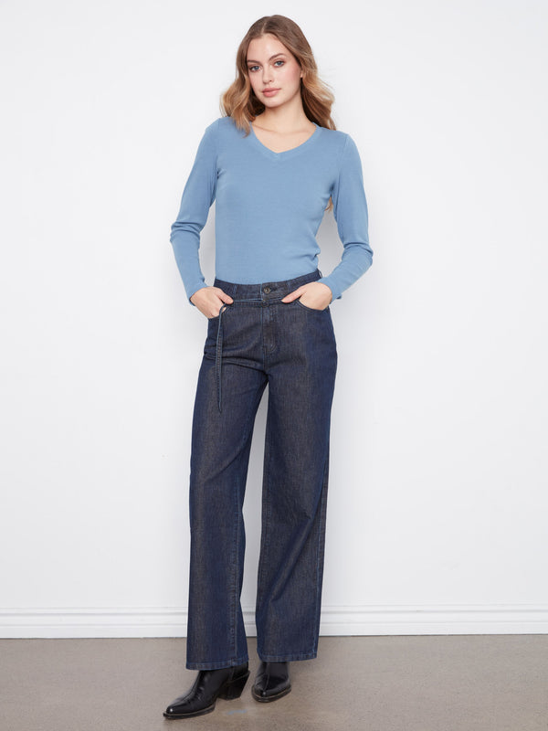 Lurex Belted Wide Leg Jeans - Blue Black