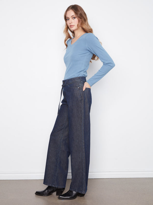 Lurex Belted Wide Leg Jeans - Blue Black