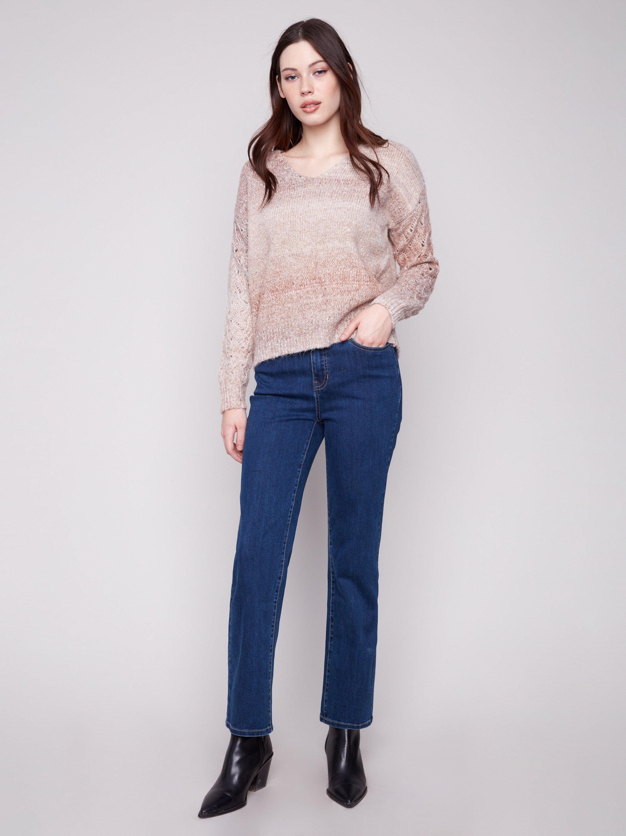 Chic latte sweater with metallic threads adding a subtle shimmer to the space dye pattern by Charlie B.