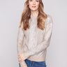 Elegant cable knit sweater in silver metallic with a classic crew neck, crafted from 100% cotton by Charlie B.