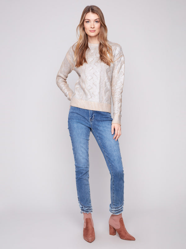 Stylish metallic foiled sweater featuring a timeless crew neckline, made from pure cotton by Charlie B.