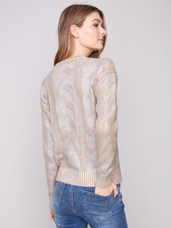 Chic 100% cotton knit sweater with a shimmering metallic finish and crew neck design by Charlie B.