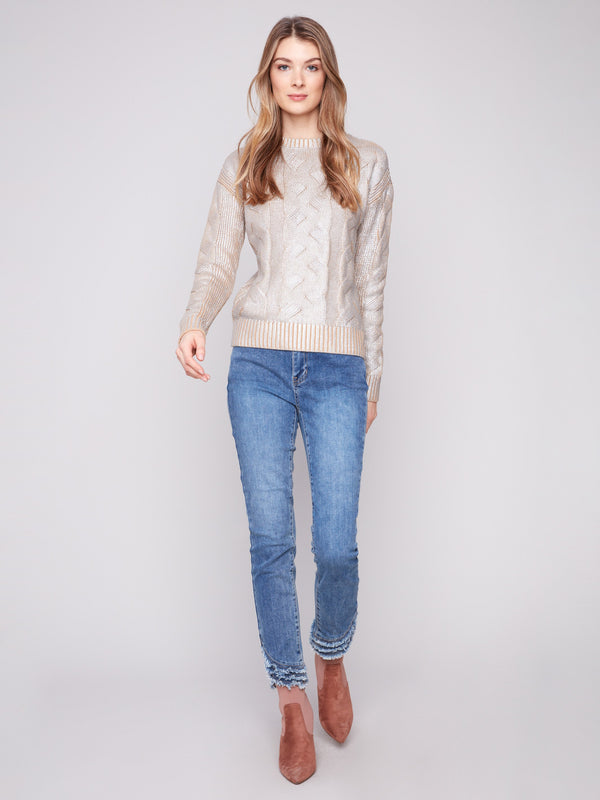 Sophisticated cable knit design in a silver metallic hue, offering comfort in 100% cotton by Charlie B.