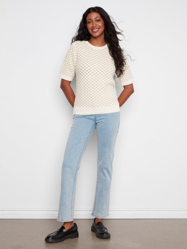 Metallic Honeycomb Short Sleeve Sweater - Ecru