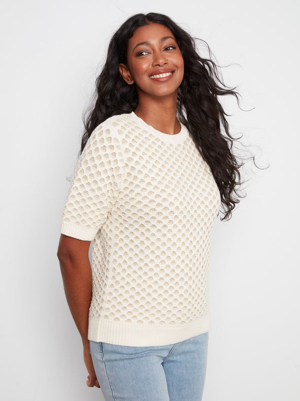 Metallic Honeycomb Short Sleeve Sweater - Ecru