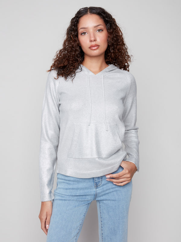 Silver knit hoodie sweater with a stylish drawstring hood, perfect for casual outings by Charlie B.