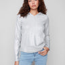 Silver knit hoodie sweater with a stylish drawstring hood, perfect for casual outings by Charlie B.