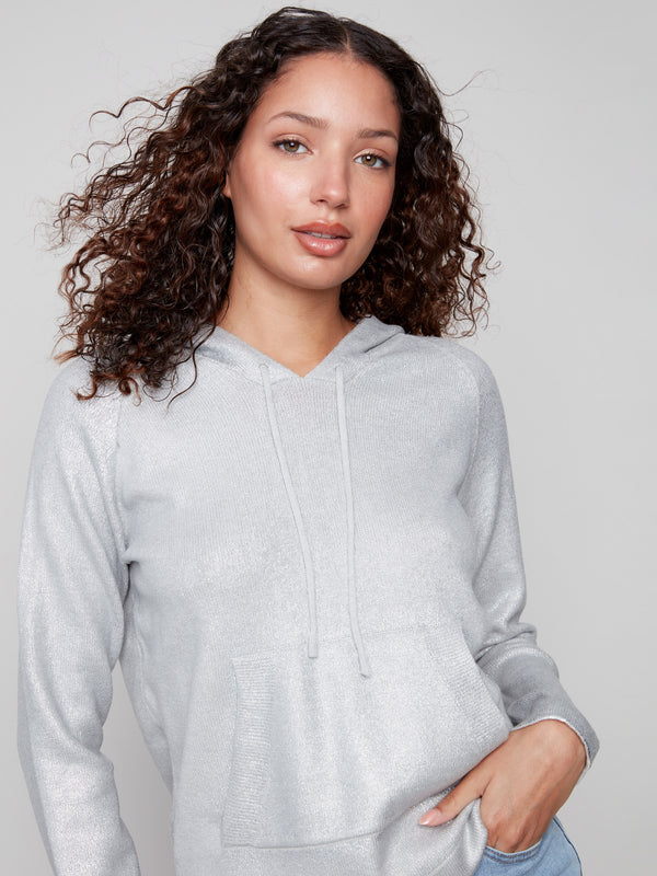 Experience the metallic sheen of this knit hoodie, adding a touch of glam to your wardrobe by Charlie B.
