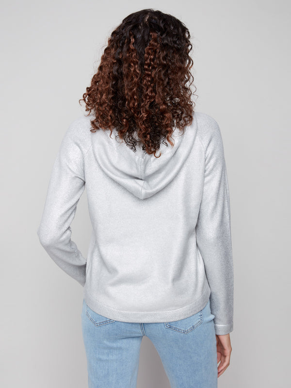 Stay cozy with the convenient front pocket on this silver knit hoodie sweater by Charlie B.