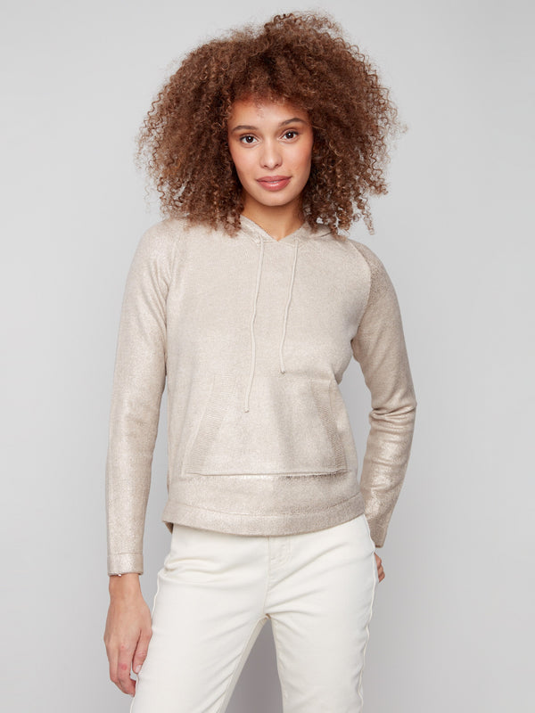 Champagne knit hoodie sweater featuring a chic drawstring hood, perfect for casual elegance by Charlie B.