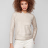 Champagne knit hoodie sweater featuring a chic drawstring hood, perfect for casual elegance by Charlie B.