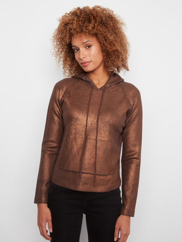 Copper sweater with a metallic finish and kangaroo pocket, designed for style and comfort. Perfect for any casual outing by Charlie B.