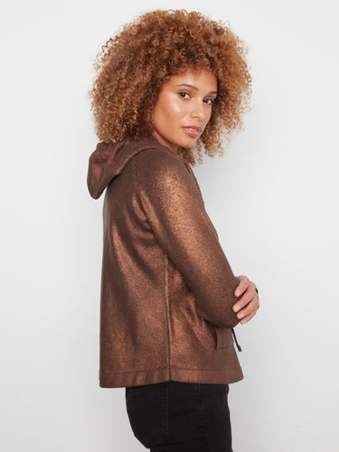 Elevate your look with this copper metallic knit sweater featuring practical kangaroo pockets for added convenience by Charlie B.