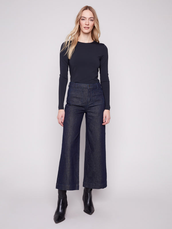 Metallic Patch Pocket Flare Jeans - Blue Black