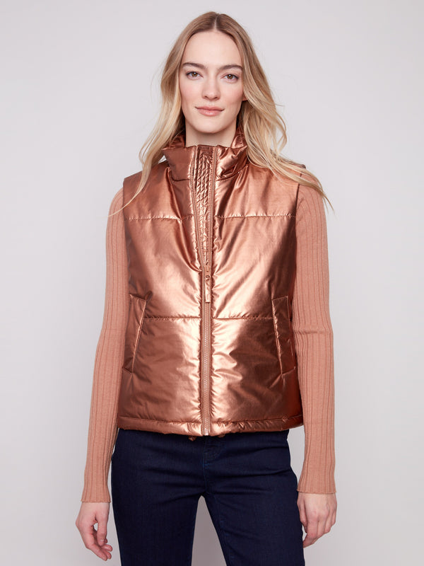 Copper metallic vest featuring two side pockets for convenience by Charlie B.
