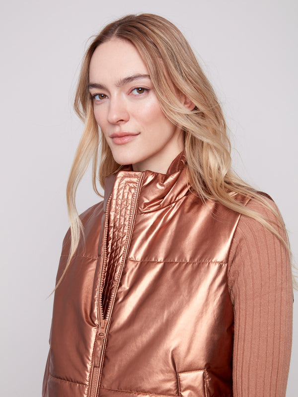 Chic copper vest designed with a zipper front closure for easy wear by Charlie B.