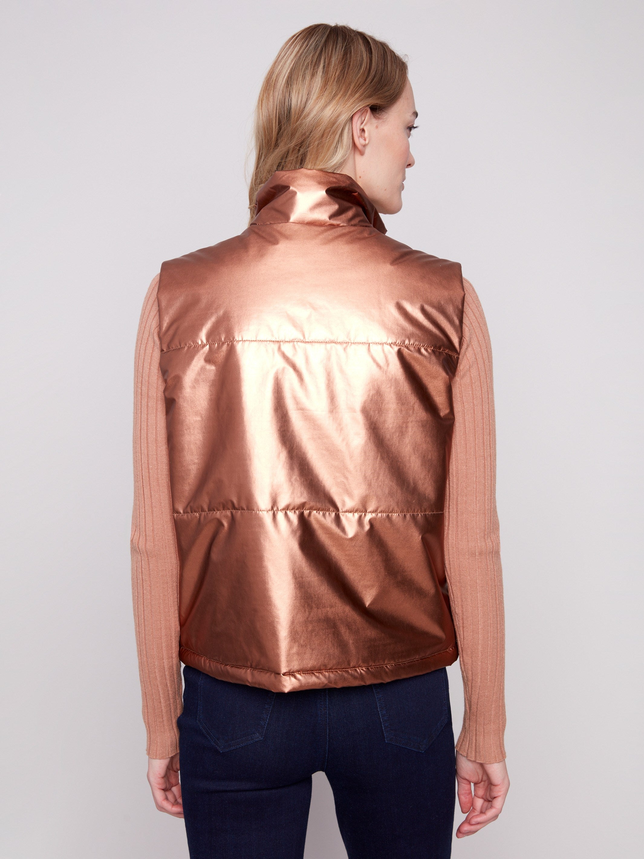 Elegant copper metallic sleeveless design with practical side pockets by Charlie B.