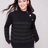 Elegant black sweater featuring a mock neck and raglan sleeves, adorned with metallic stripes for a chic look by Charlie B.