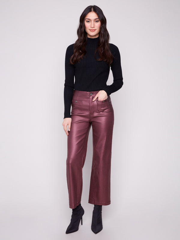 Cabernet metallic wax pants with a stylish flare fit and mid-rise waist, offering comfort and elegance by Charlie B.
