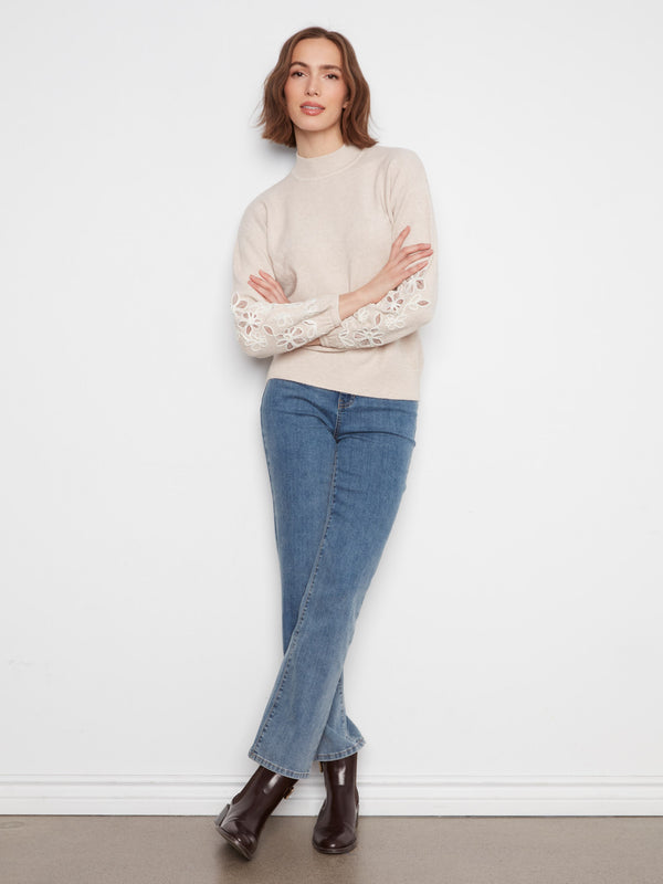 Mock Neck Sweater With Embroidered Flowers - Heather Almond