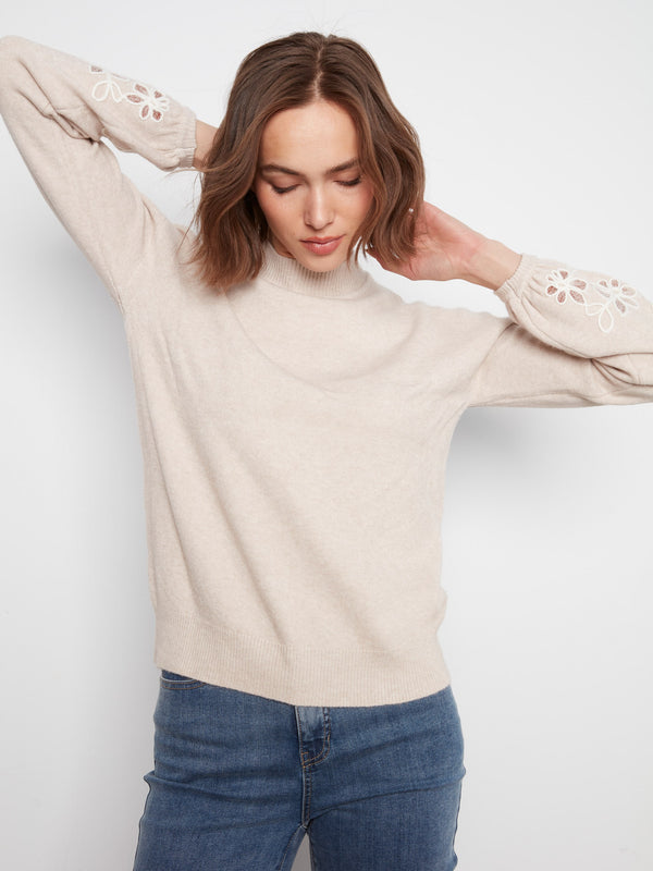 Mock Neck Sweater With Embroidered Flowers - Heather Almond