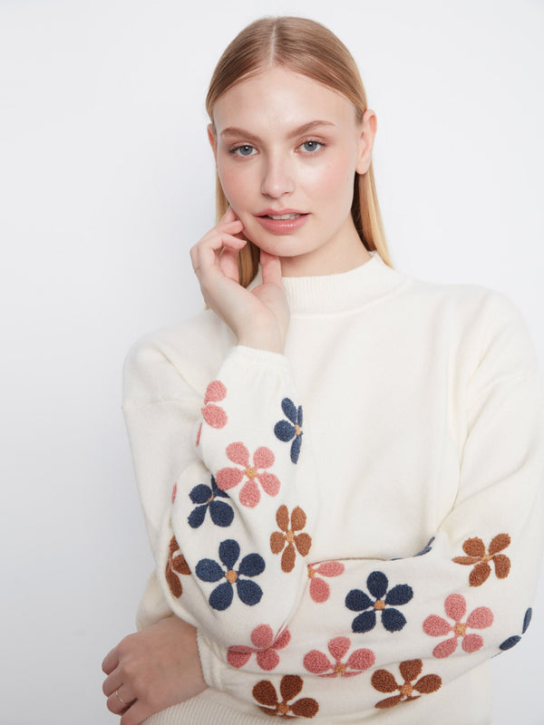 Mock Neck Sweater With Embroidered Flowers - Ecru