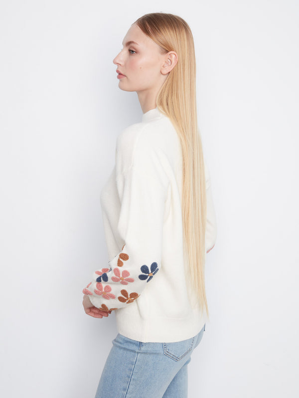 Mock Neck Sweater With Embroidered Flowers - Ecru