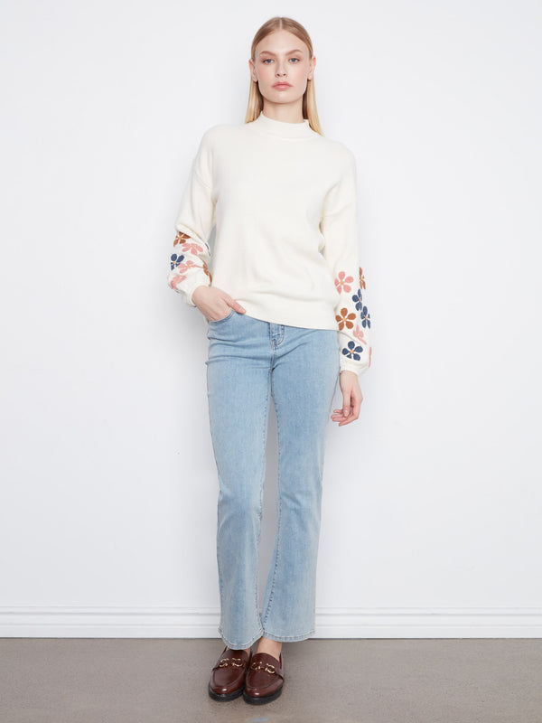 Mock Neck Sweater With Embroidered Flowers - Ecru