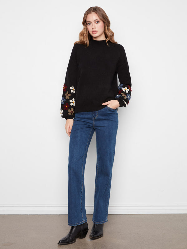 Mock Neck Sweater With Embroidered Flowers - Black