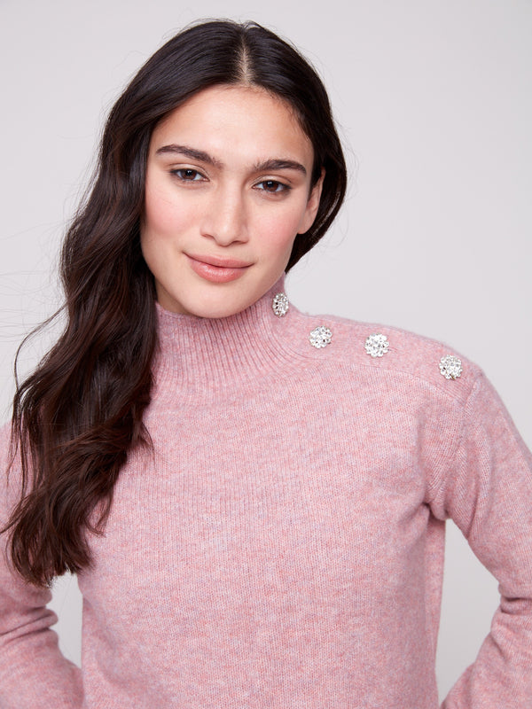 Heather primrose sweater showcasing exquisite decorative buttons and ribbed detailing by Charlie B.