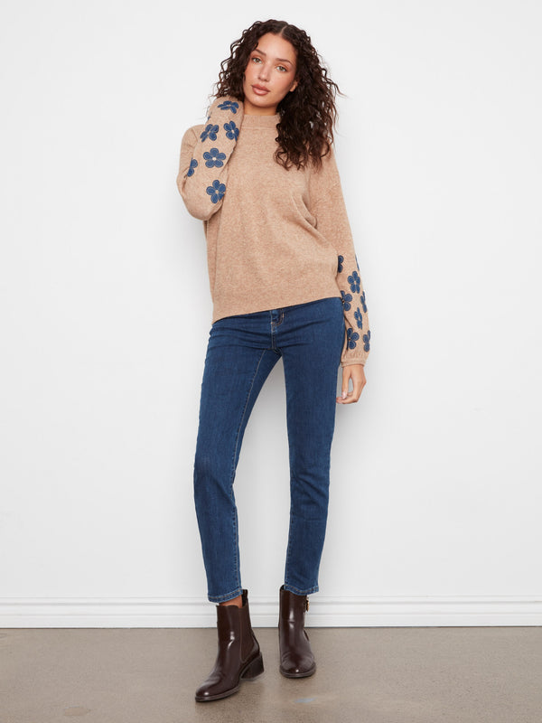 Mock Neck Sweater With Floral Patches - Heather Truffle
