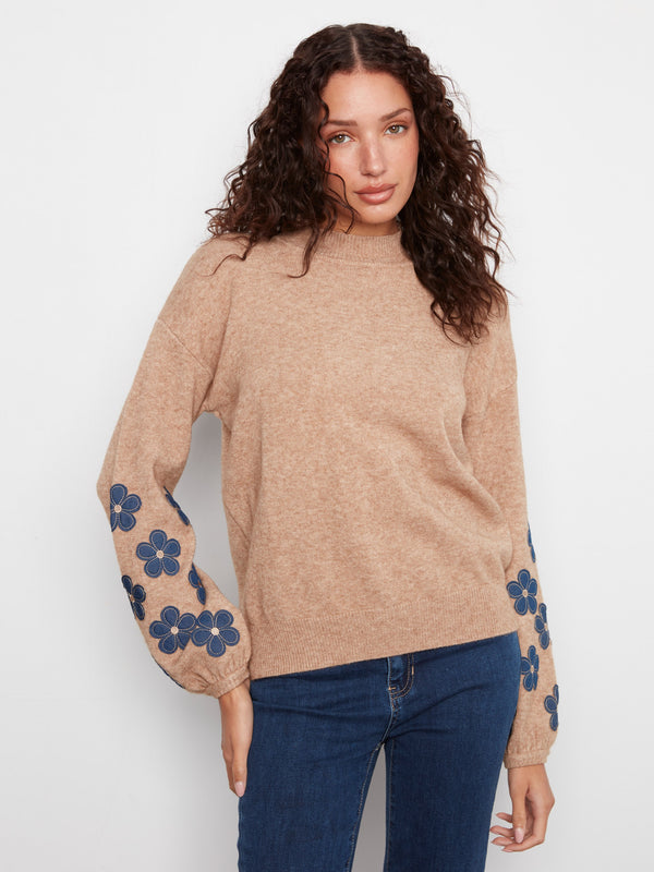 Mock Neck Sweater With Floral Patches - Heather Truffle