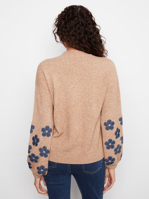 Mock Neck Sweater With Floral Patches - Heather Truffle