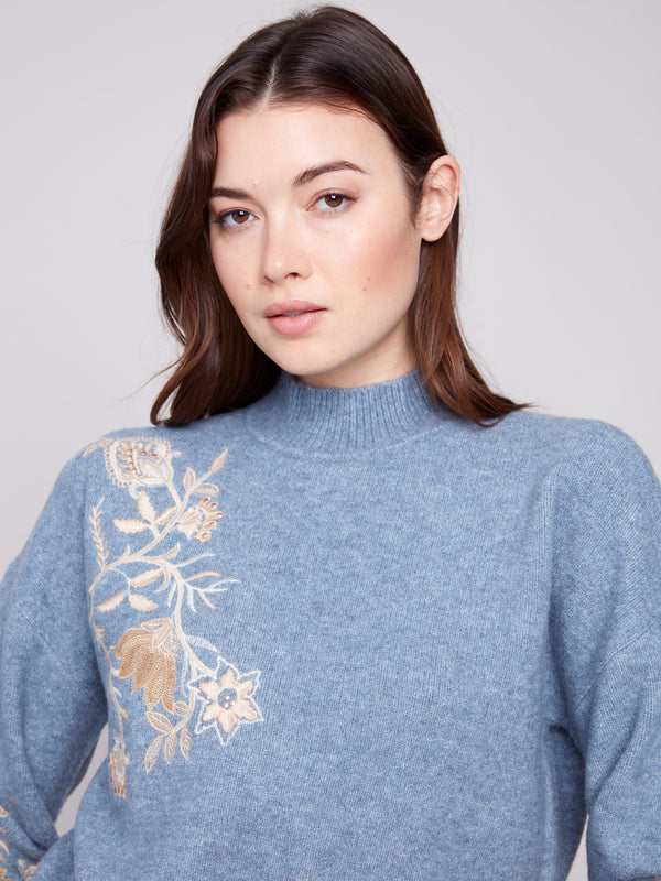 Mock Neck Sweater with Sequin Detail - Heather Denim