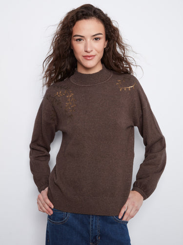 Elegant heather-coffee sweater featuring intricate sequin embroidery on the shoulders, offering a chic and cozy look by Charlie B.