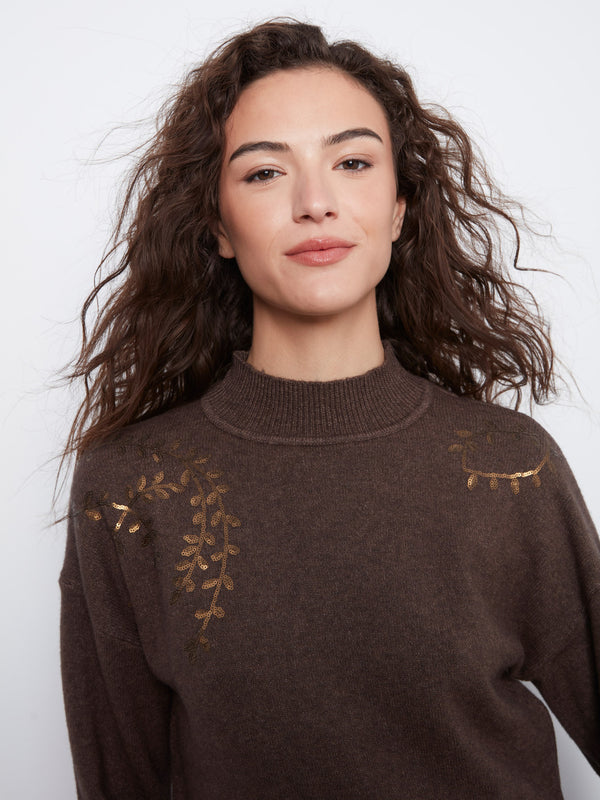 Mock Neck Sweater With Sequin Embroidery - Heather Coffee