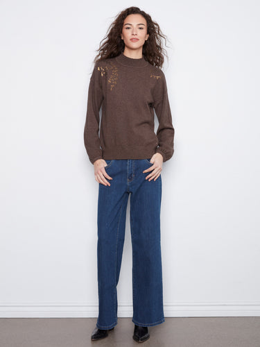 Charming long-sleeve sweater in heather-coffee with exquisite shoulder embroidery for added elegance by Charlie B.