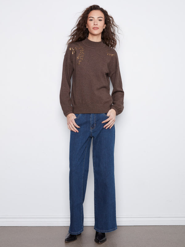 Mock Neck Sweater With Sequin Embroidery - Heather Coffee