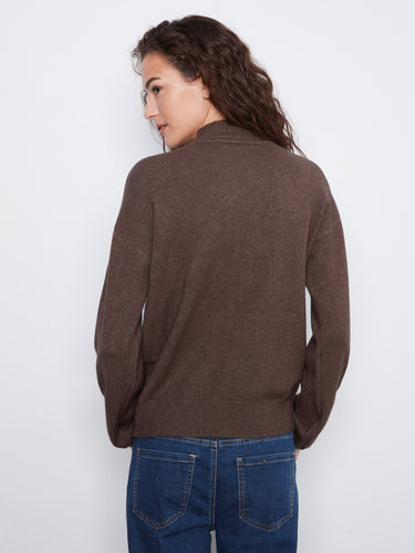 Cozy sweater in a rich coffee hue showcasing beautiful sequin accents on the shoulders for a touch of glamour by Charlie B.