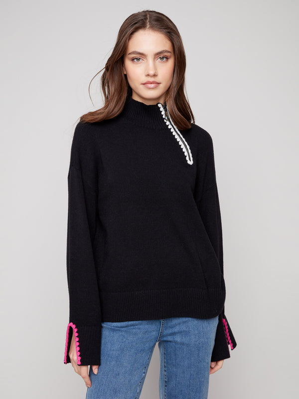 Mock Neck Sweater With Zipper & Crochet Details - Black