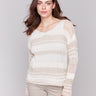 Beige sweater with a rounded V-neck and drop shoulders by Charlie B.