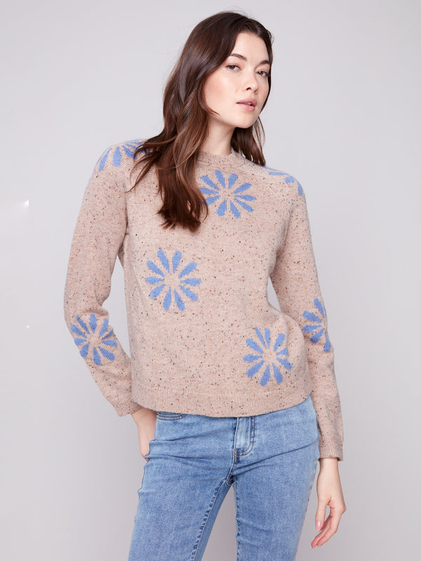 Heather nutmeg sweater with blue floral pattern and raglan sleeves by Charlie B.