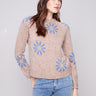 Heather nutmeg sweater with blue floral pattern and raglan sleeves by Charlie B.