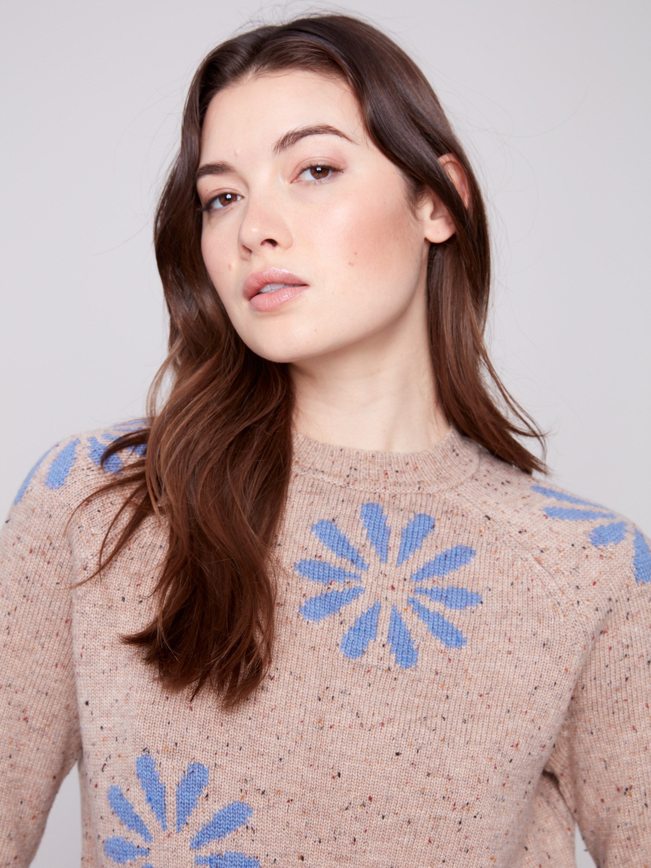 Nutmeg sweater with blue graphic accents, ideal for long sleeve comfort by Charlie B.