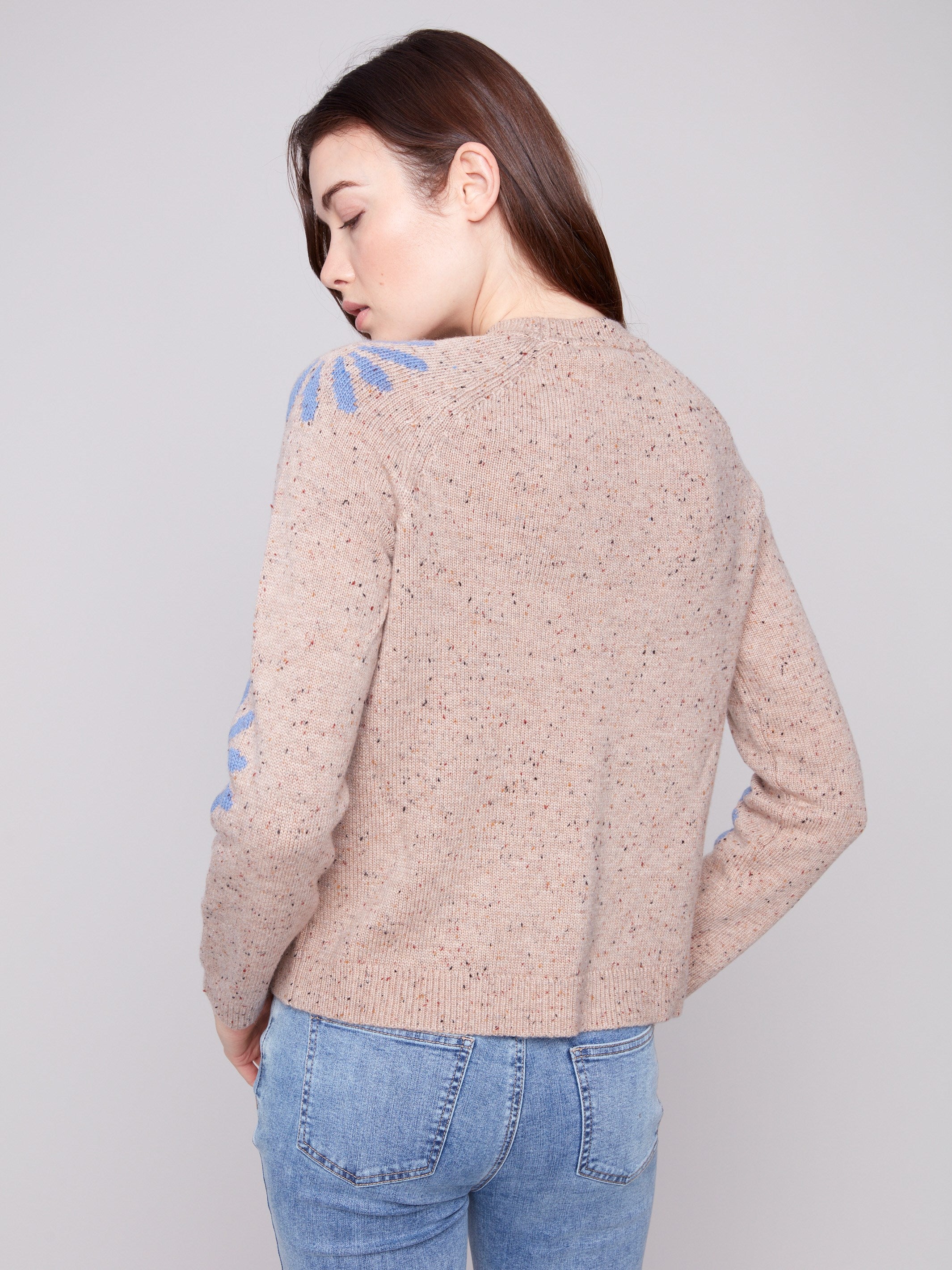 Blue graphic pattern on heather nutmeg sweater with cozy raglan sleeves by Charlie B.