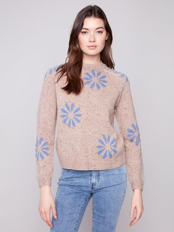 Chic mock neck sweater in heather nutmeg, adorned with a floral motif by Charlie B.